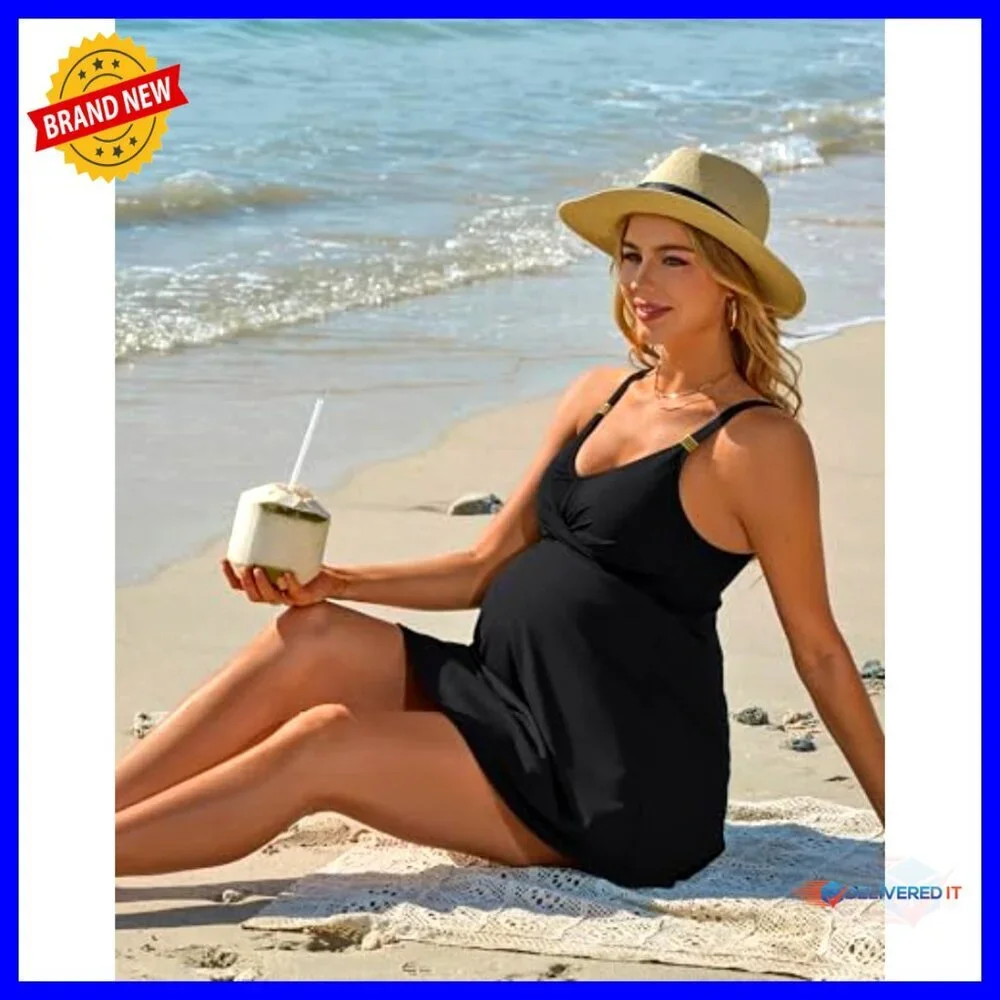 Maternity One-Piece Swim Dress with Adjustable Straps, Size Medium